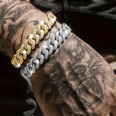 Mens Fashion Fully-Jewelled Cuban Link Style Iced Out Bracelet 2pc Set