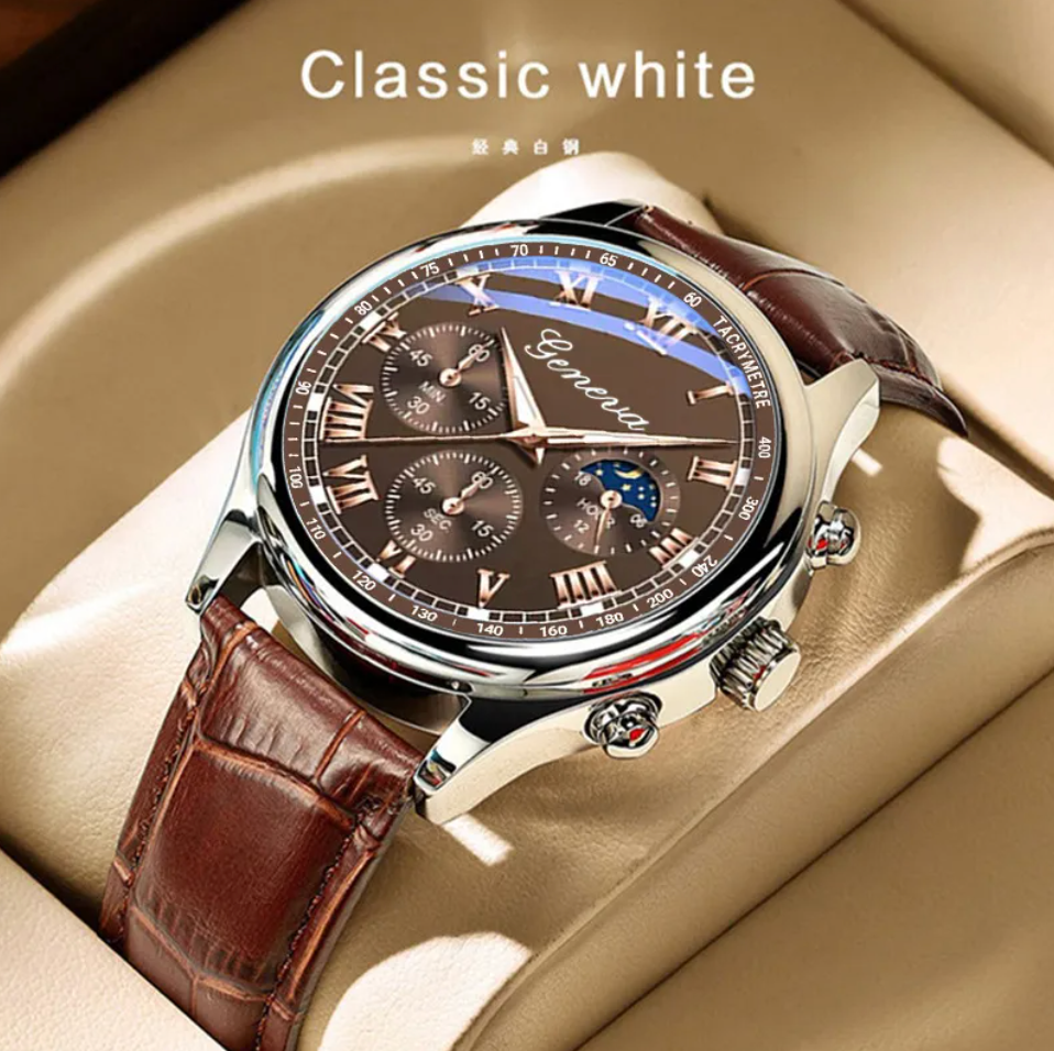 Genuine Peremium Leather Luxury Quartz Watch Mens Business Style Waterproof Case