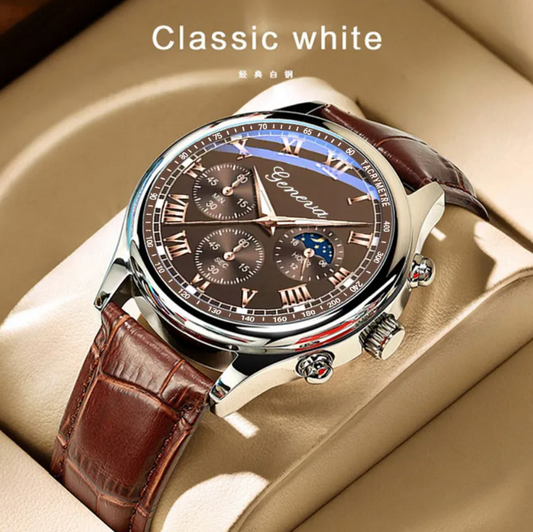 Genuine Peremium Leather Luxury Quartz Watch Mens Business Style Waterproof Case