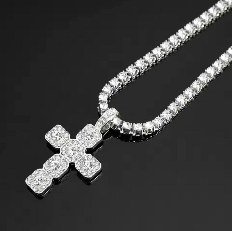Cubic Chain Cross Pendant Full Rhinestone Dimond Street Style Fashion Necklace