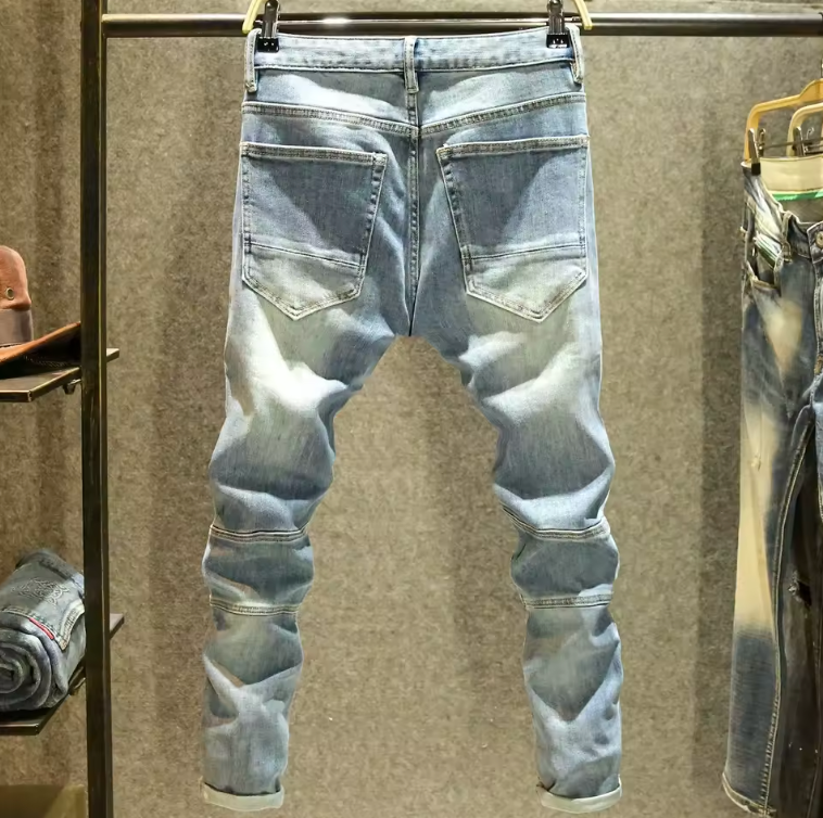Mens Biker Jeans Street Fashion Denim Faded Slim Fit Blue Jeans