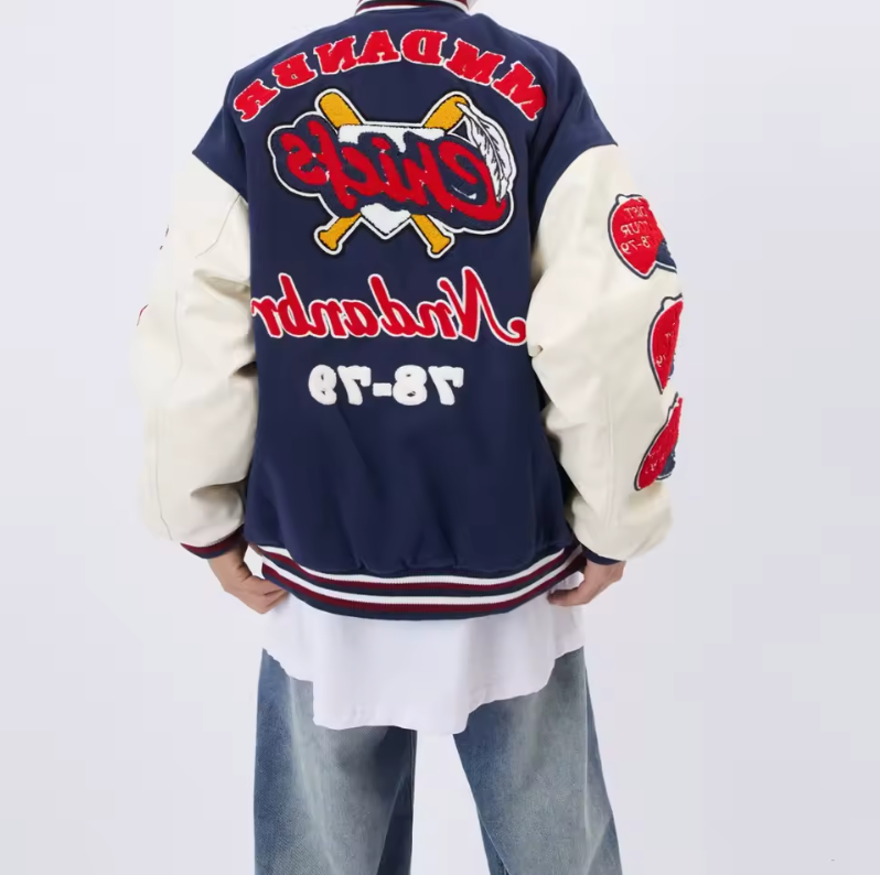 Unisex Baseball Letterman Jacket Vintage Style Embroidered Patch Button Up