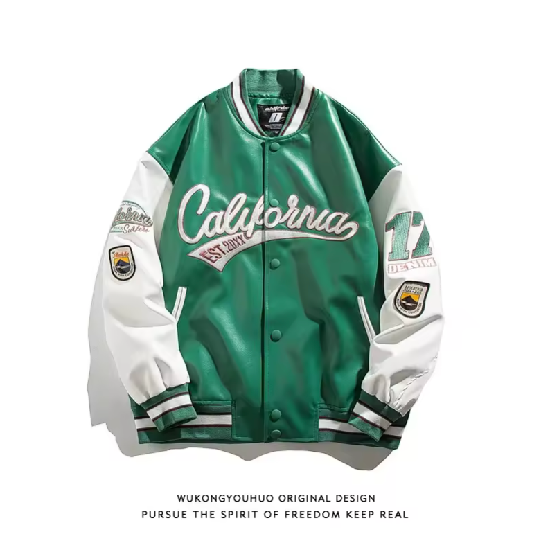 Synthetic Leather Street Bomber Jacket Button Up Retro Style Varsity Jacket