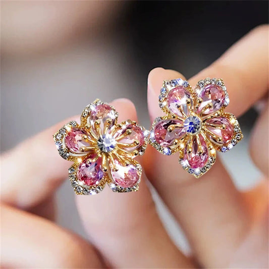 Womens Style 2pc Pair Glistening Flower Gem Stone Earrings