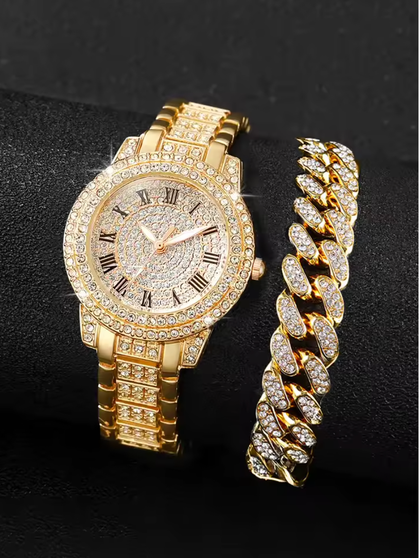 Iced Out Watch And Bracelet 2pc Luxury Jewelry Set Gold Or Silver