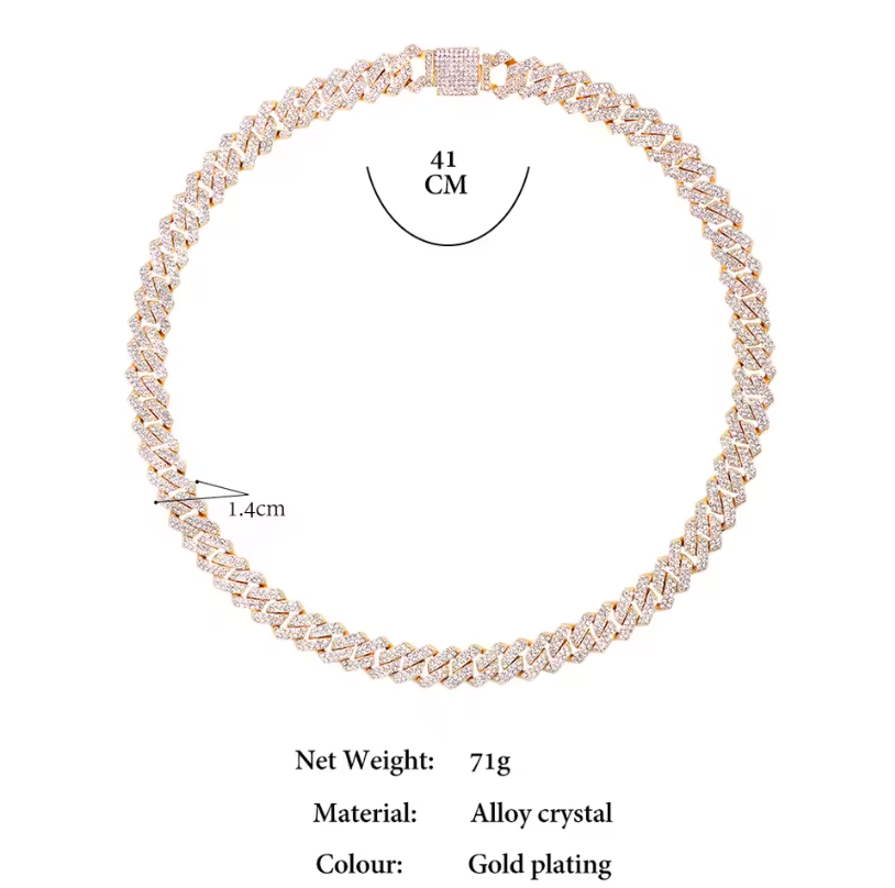 14mm Cuban Link 17k Gold Plated Fully Iced Out Rhinestone Dimond Necklace Chain