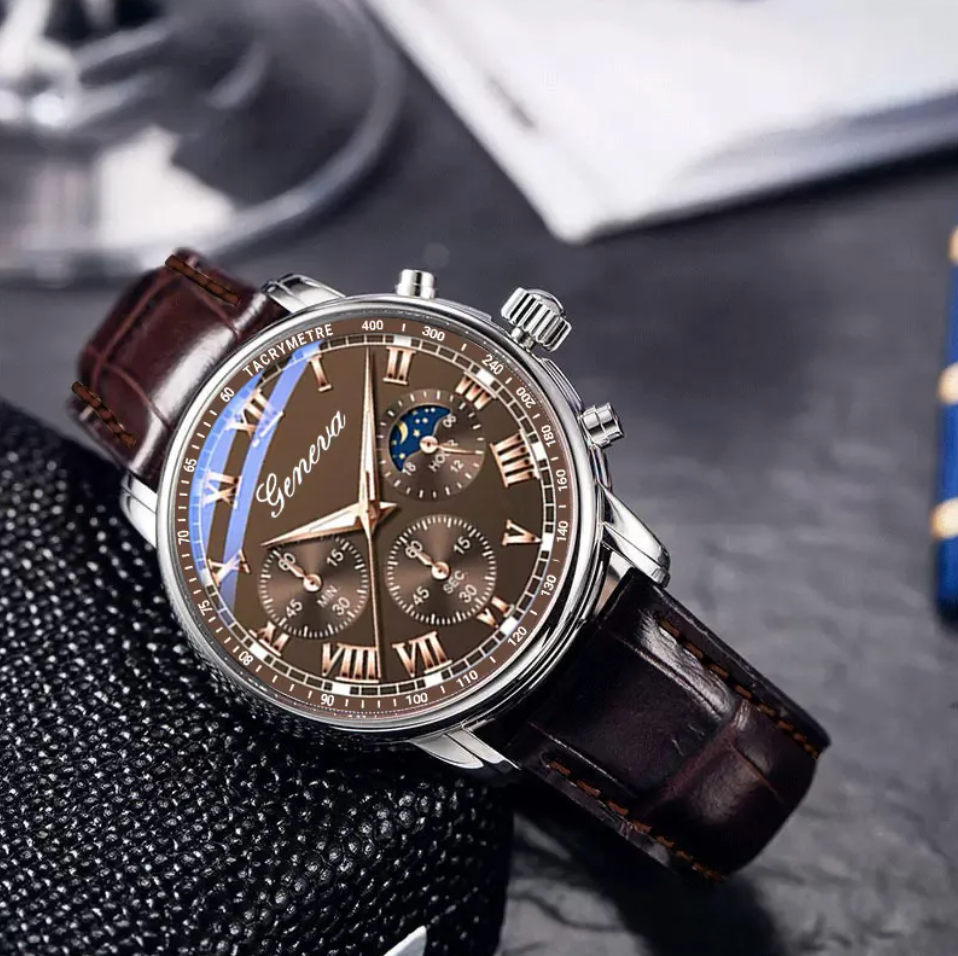 Genuine Peremium Leather Luxury Quartz Watch Mens Business Style Waterproof Case