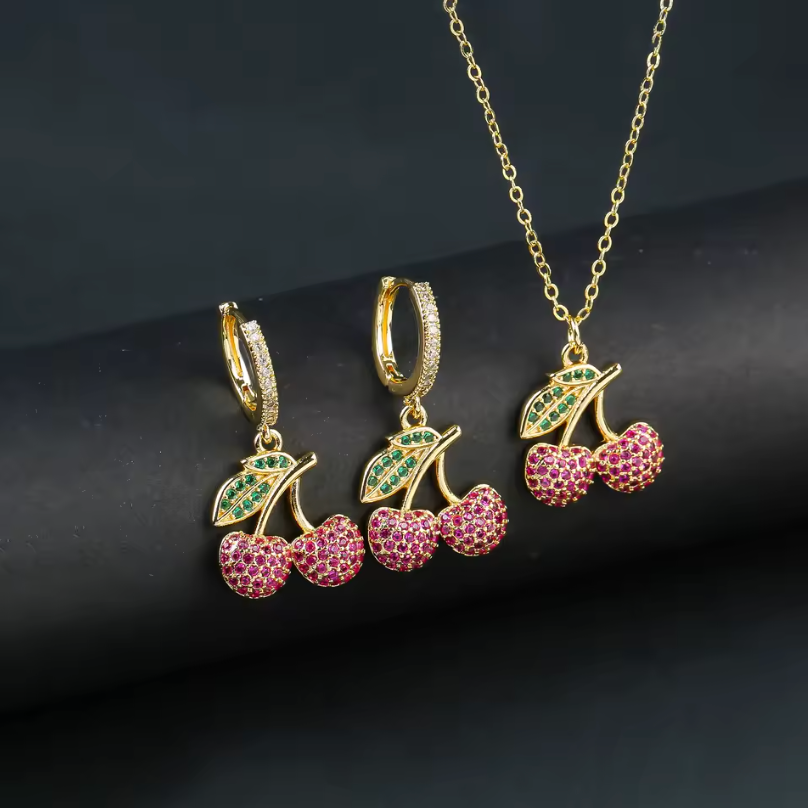 Womens Earrings And Necklace Cherry Fruits Gold Color Luxury Jewelry Set