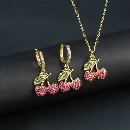 Womens Earrings And Necklace Cherry Fruits Gold Color Luxury Jewelry Set
