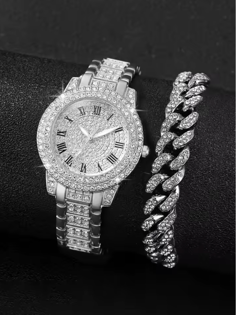 Iced Out Watch And Bracelet 2pc Luxury Jewelry Set Gold Or Silver
