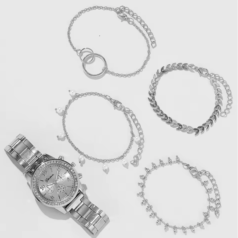 Womens Style 5pc Watch And Bracelets Set Pearl Gold And Silver