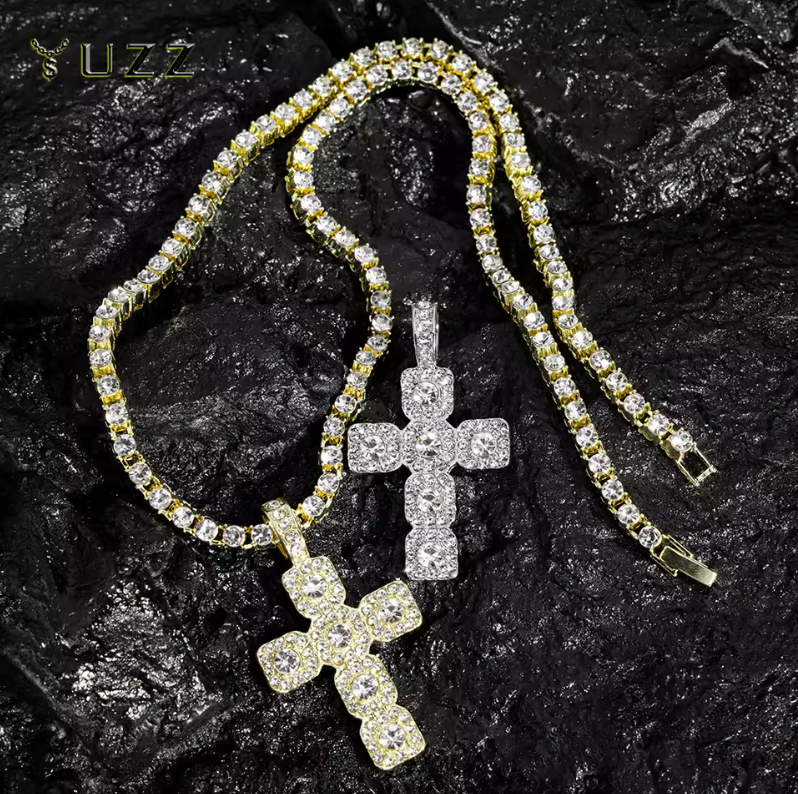 Cubic Chain Cross Pendant Full Rhinestone Dimond Street Style Fashion Necklace