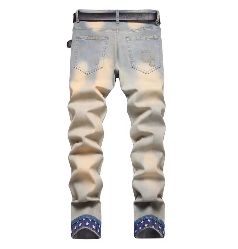 Mens Custom Street Style Biker Denim Distressed Jeans With Star Print And Cuffs