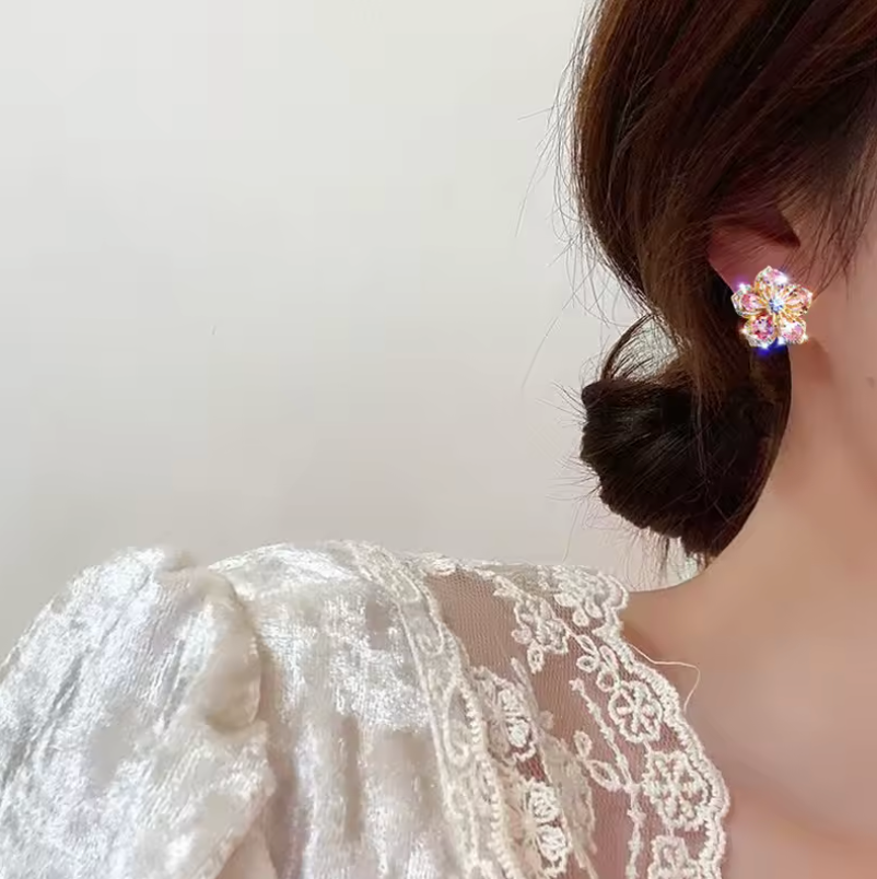 Womens Style 2pc Pair Glistening Flower Gem Stone Earrings
