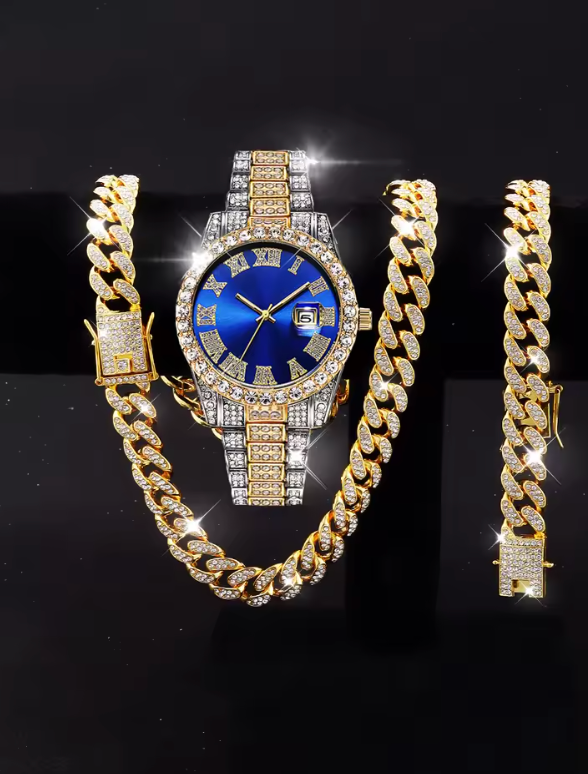 3pc Luxury Metal Alloy Gold Plated Full Dimond Rhinestone Watch And Chain Set