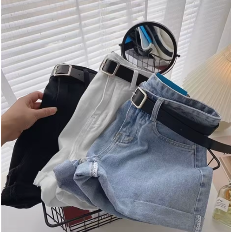 Womens Jean Shorts With Belt Cute Summer Style Mini Shorts Cuffed