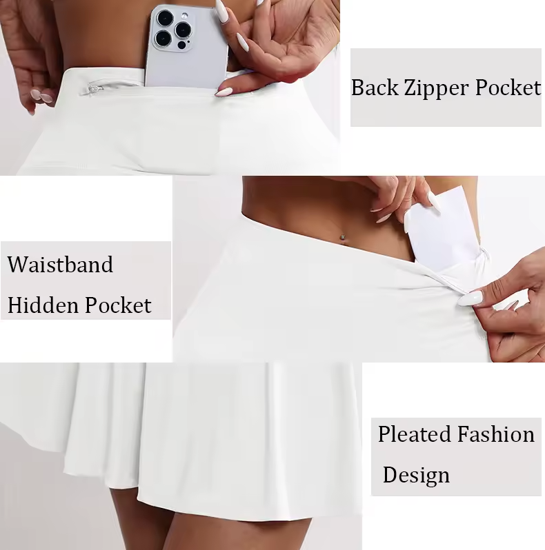 Womens Spandex Athletic Tennis Skirt With Pack Zipper Pocket And Phone Pocket