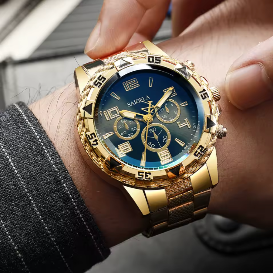Mens Two Peice Stainless Steel Arabic Style Quartz Dial Watch Set