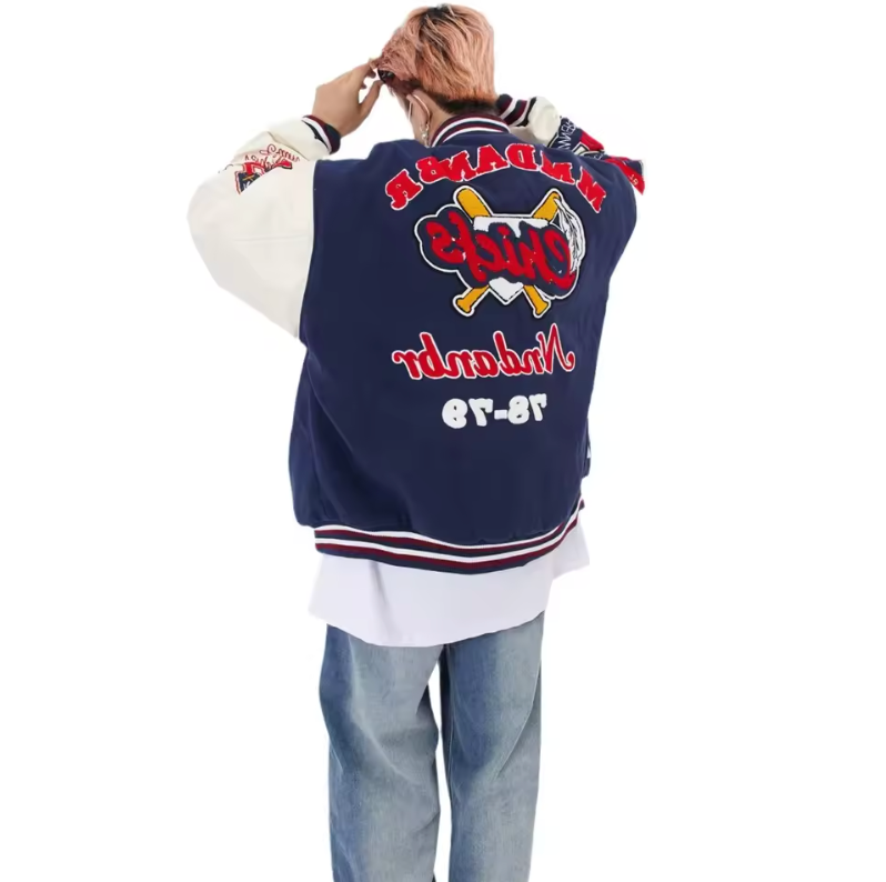 Unisex Baseball Letterman Jacket Vintage Style Embroidered Patch Button Up