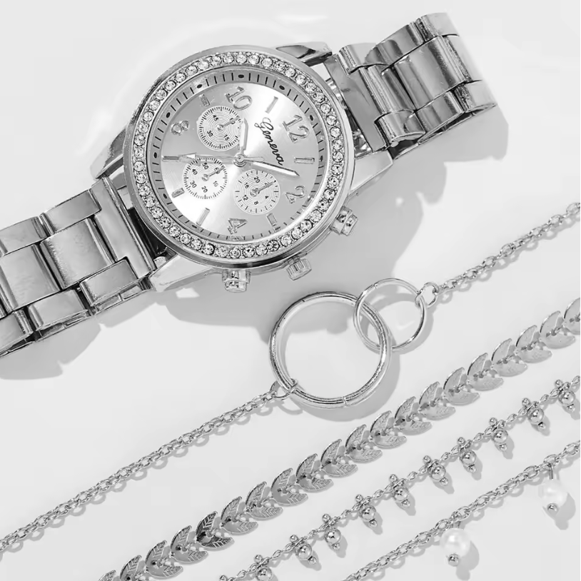 Womens Style 5pc Watch And Bracelets Set Pearl Gold And Silver