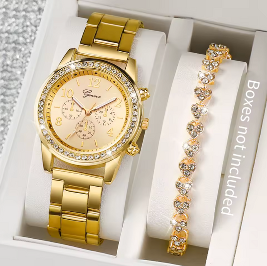 Gold Plated Quartz Watch And Bracelet Luxury Fashion Jewelry Set
