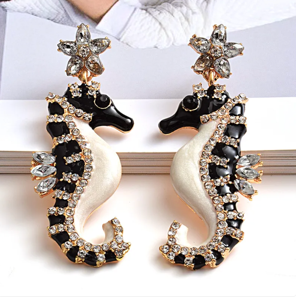 Jewl Sea Horse Dangle Drop Studs Colorful Blue Or Black Jem Earrings Pair