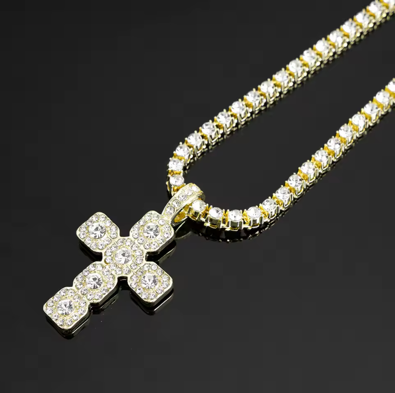 Cubic Chain Cross Pendant Full Rhinestone Dimond Street Style Fashion Necklace