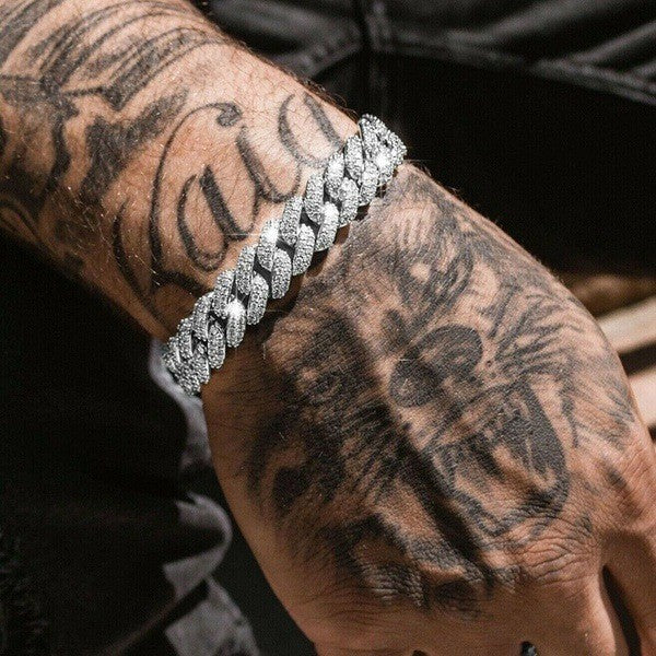 Mens Fashion Fully-Jewelled Cuban Link Style Iced Out Bracelet 2pc Set