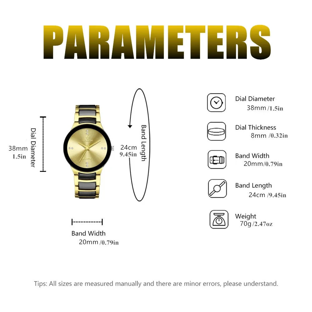 24cm Mens Stainless Steel Gold And Black Quartz Watch Orlando Dial Luxury