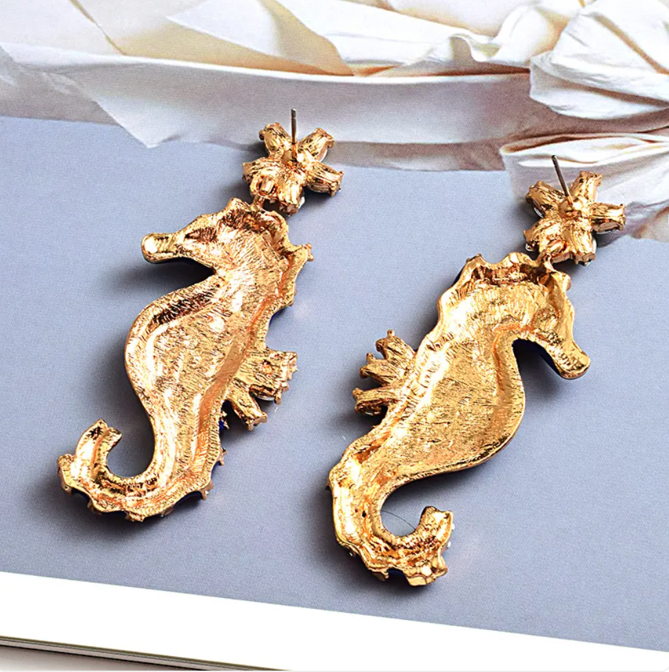 Jewl Sea Horse Dangle Drop Studs Colorful Blue Or Black Jem Earrings Pair