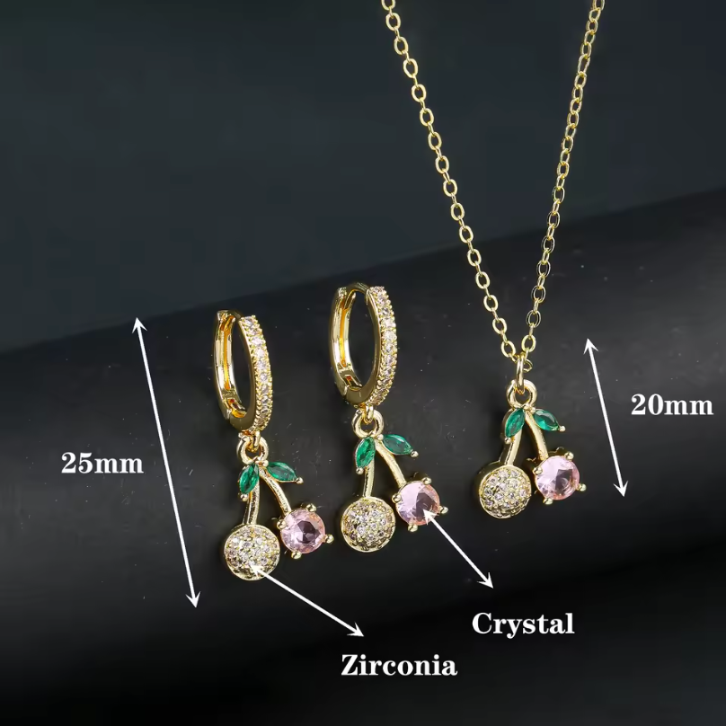 Womens Earrings And Necklace Cherry Fruits Gold Color Luxury Jewelry Set
