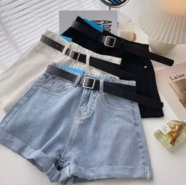 Womens Jean Shorts With Belt Cute Summer Style Mini Shorts Cuffed