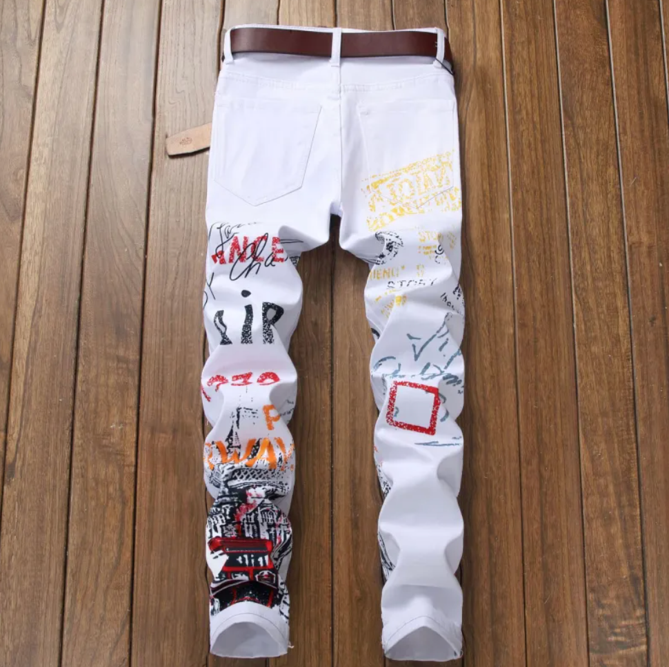 Custom Graffiti Style Slim Street Wear Black Or White Fashioned Skinny Jeans