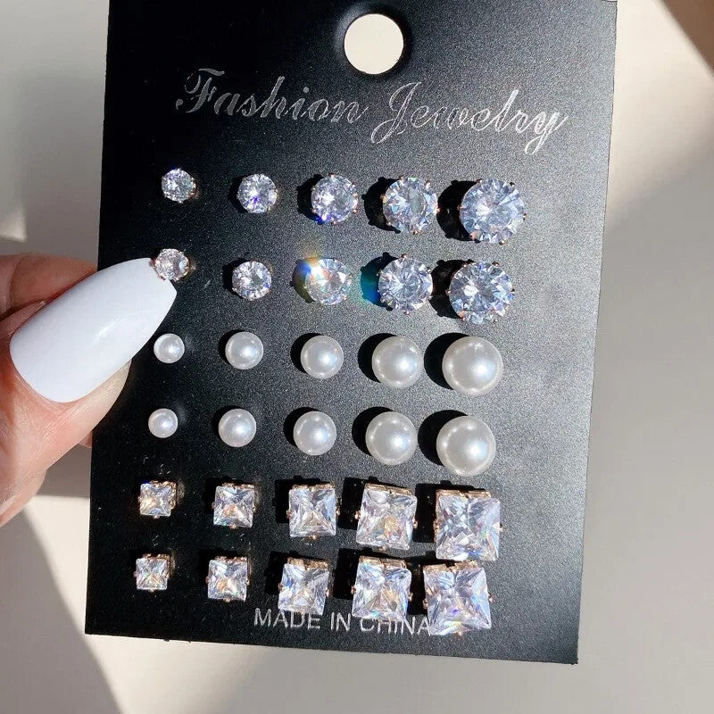 24pc Crystal Stud And Pearl Earrings 12 Pairs Package