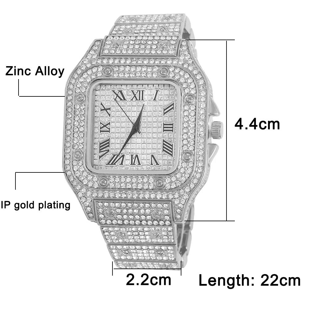 3pc Iced Out Jewelry Chain Watch And Bracelet Gold Or Silver Luxury Style