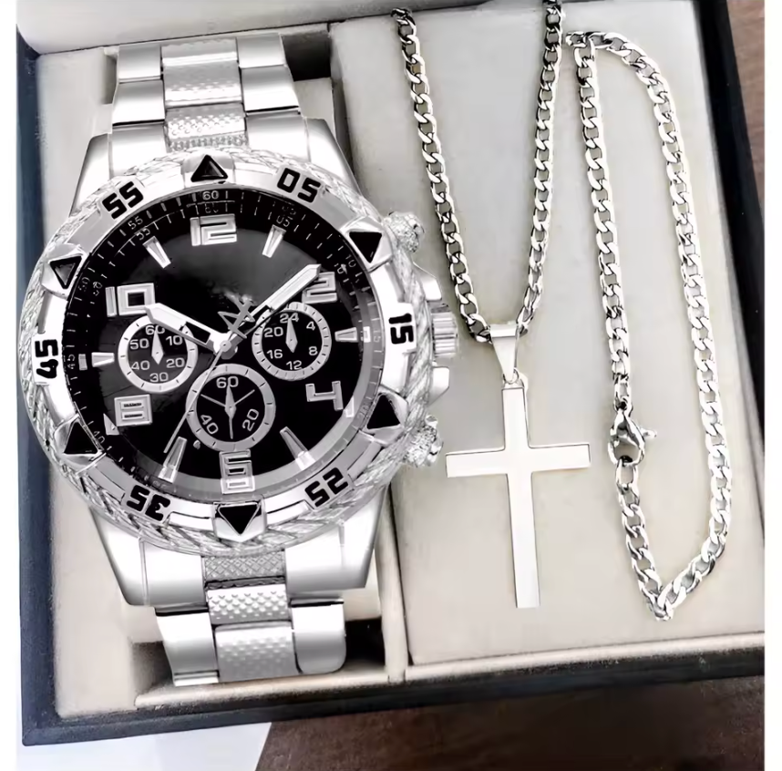 3pc Watch Cross Pendant Necklace And Chain Bracelet Stainless Quarts