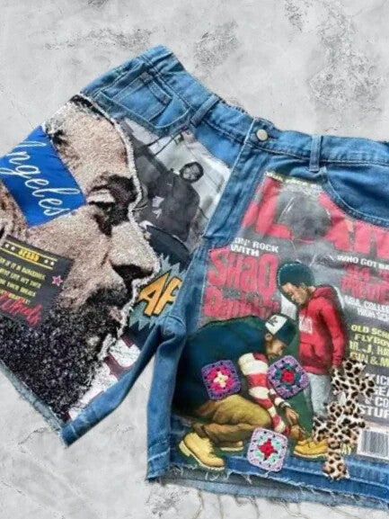 Custom Print Denim Jorts Street Fashion Graphic Retro Vintage Style Jean Shorts