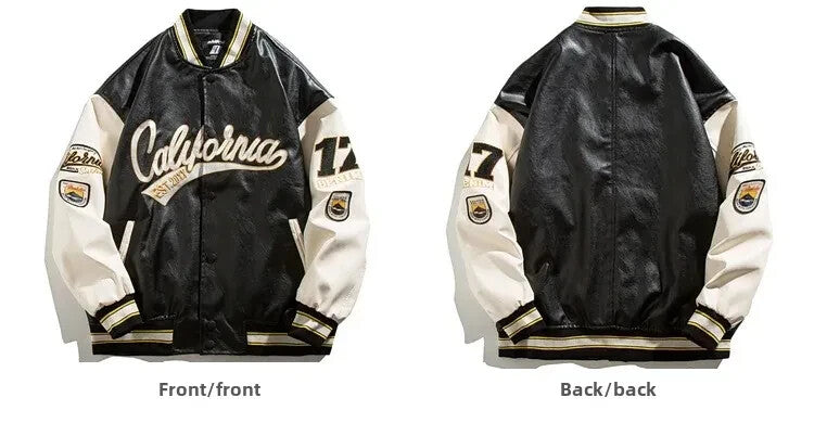 Synthetic Leather Street Bomber Jacket Button Up Retro Style Varsity Jacket