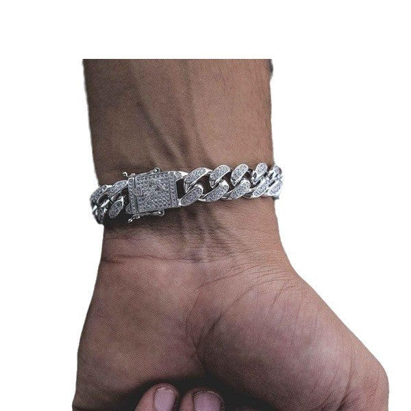 Mens Fashion Fully-Jewelled Cuban Link Style Iced Out Bracelet 2pc Set