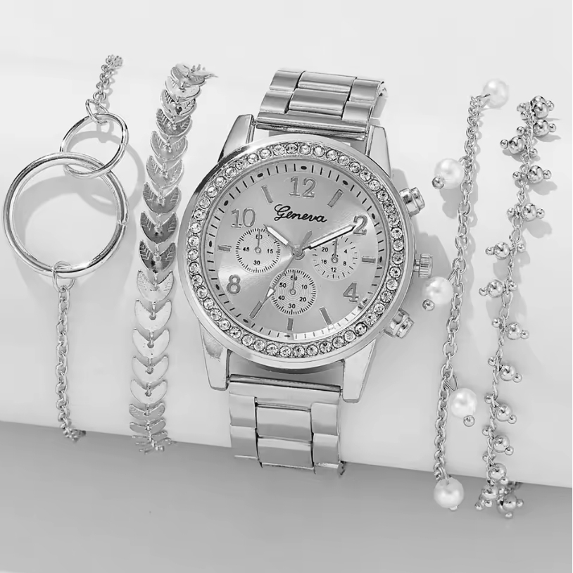 Womens Style 5pc Watch And Bracelets Set Pearl Gold And Silver