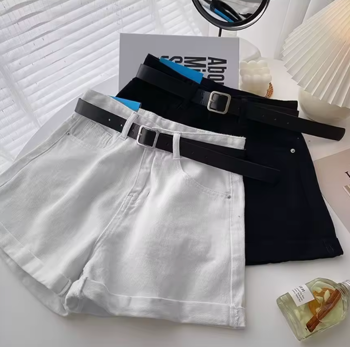 Womens Jean Shorts With Belt Cute Summer Style Mini Shorts Cuffed
