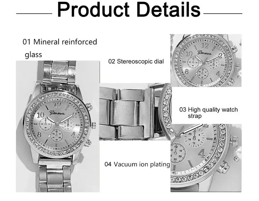 Womens Style 5pc Watch And Bracelets Set Pearl Gold And Silver