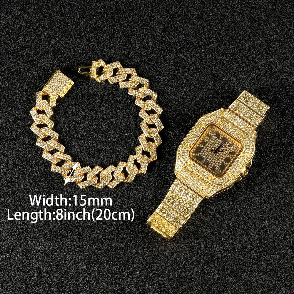 3pc Iced Out Jewelry Chain Watch And Bracelet Gold Or Silver Luxury Style
