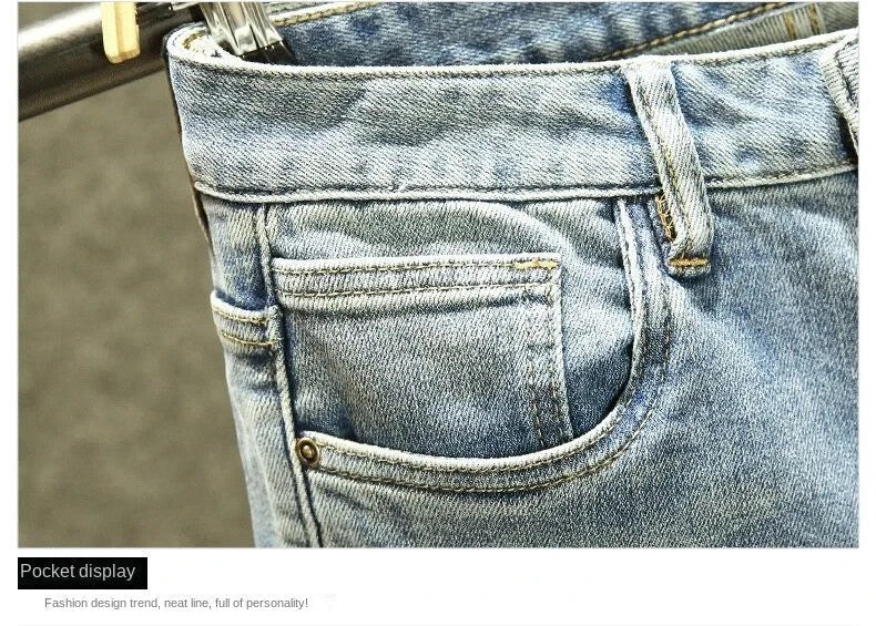 Mens Biker Jeans Street Fashion Denim Faded Slim Fit Blue Jeans