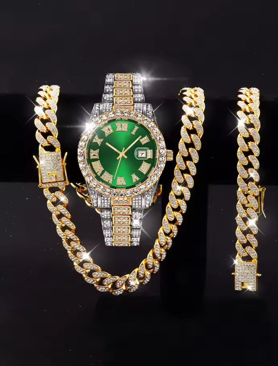 3pc Luxury Metal Alloy Gold Plated Full Dimond Rhinestone Watch And Chain Set