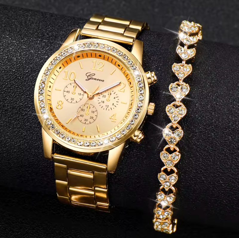 Gold Plated Quartz Watch And Bracelet Luxury Fashion Jewelry Set