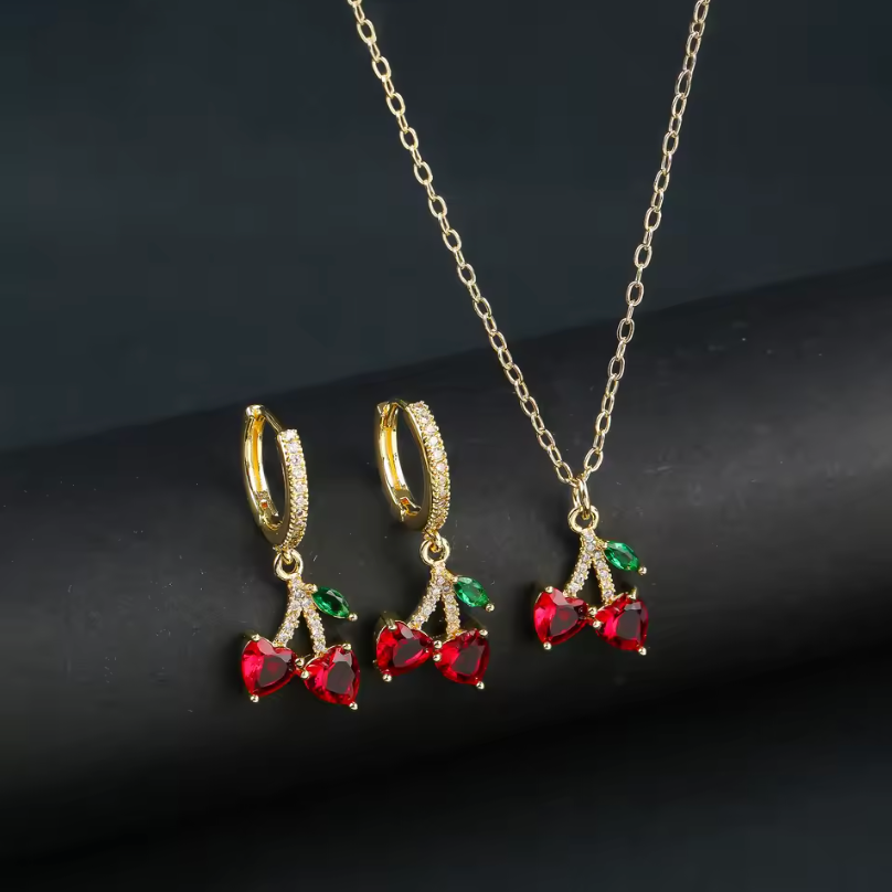 Womens Earrings And Necklace Cherry Fruits Gold Color Luxury Jewelry Set
