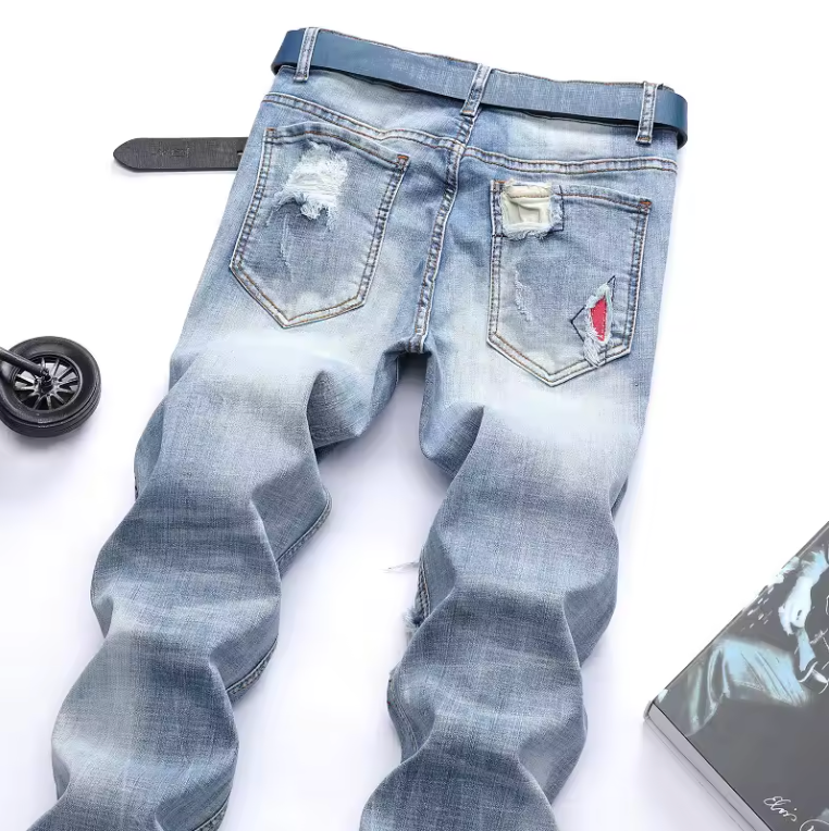 Mens Ruffled Biker Jeans Premium Denim Blend Distressed Customized Jeans
