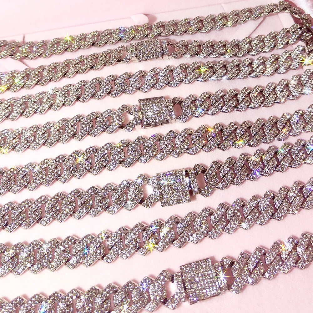 14mm Cuban Link 17k Gold Plated Fully Iced Out Rhinestone Dimond Necklace Chain