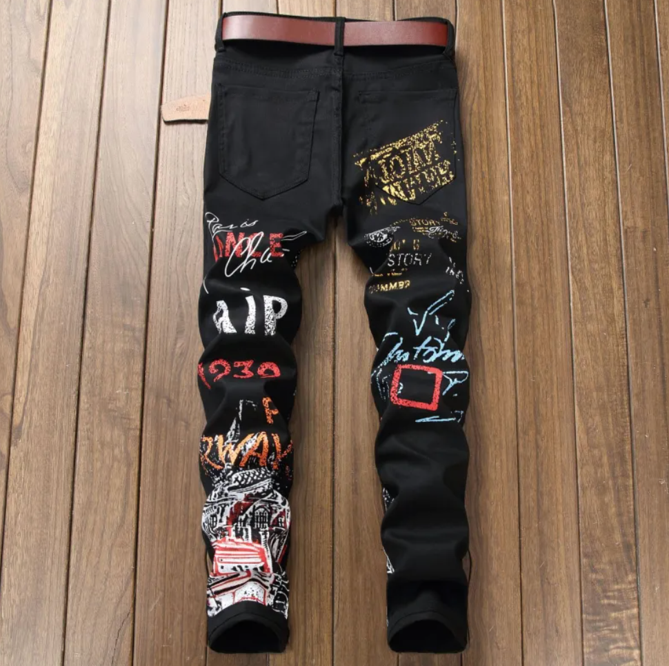 Custom Graffiti Style Slim Street Wear Black Or White Fashioned Skinny Jeans